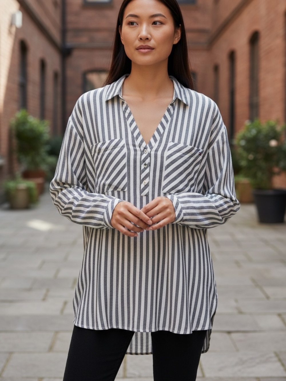 Tommy Hilfiger Striped V-Neck Longline Blouse-EUC